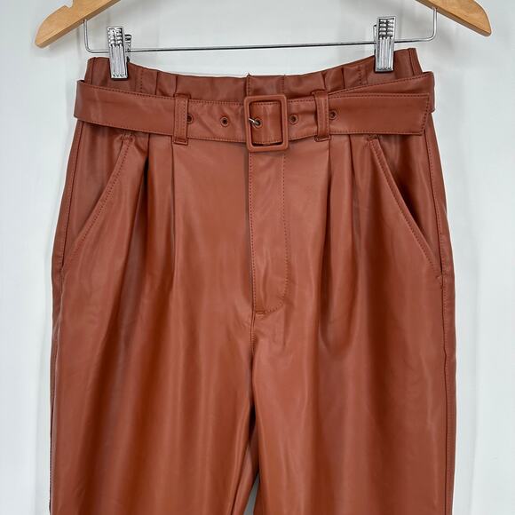 Abercrombie & Fitch Paperbag Belted Straight Leg Pants Faux Leather, Brown NWT - Picture 5 of 12